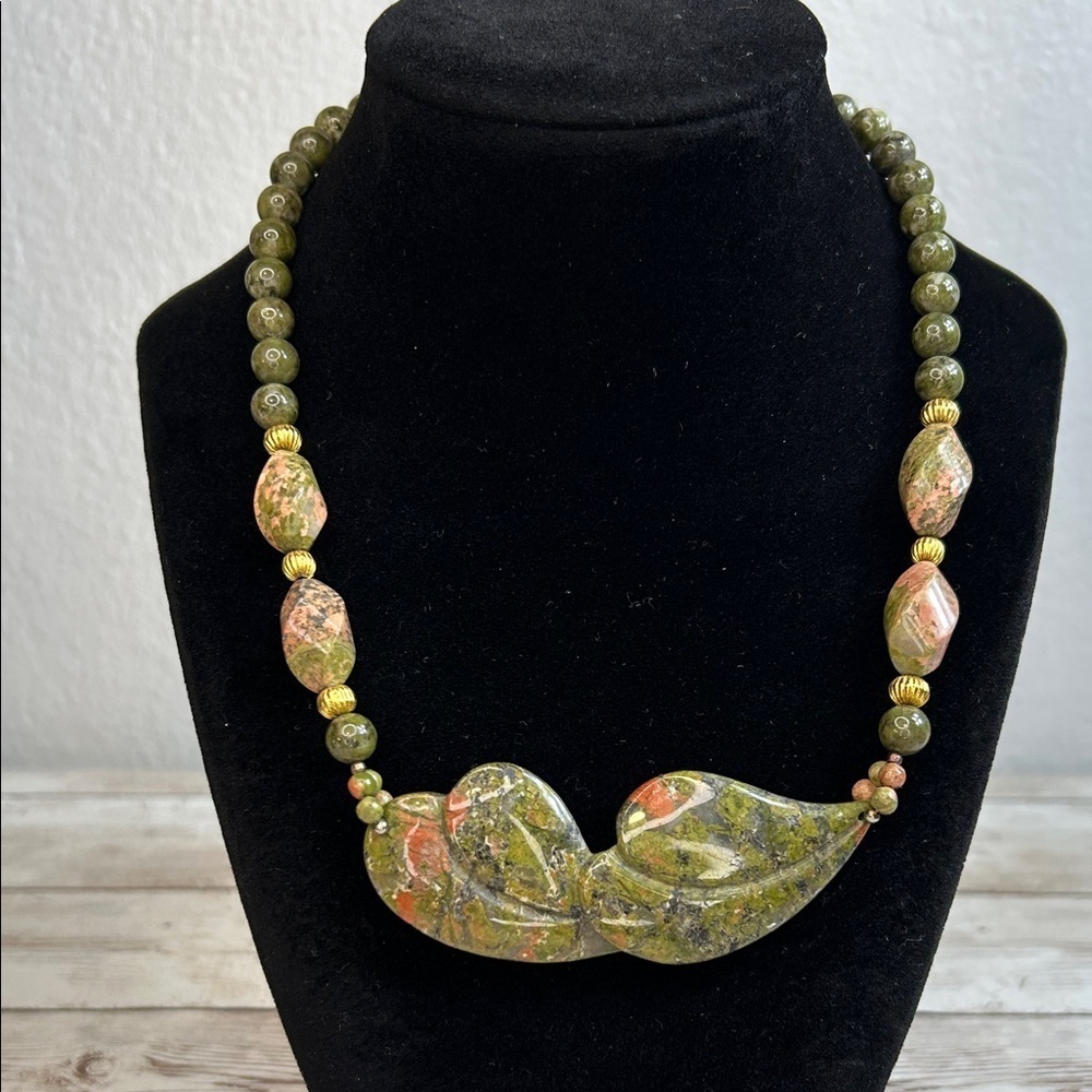 Stunning Double Heart Unakite Stone Necklace